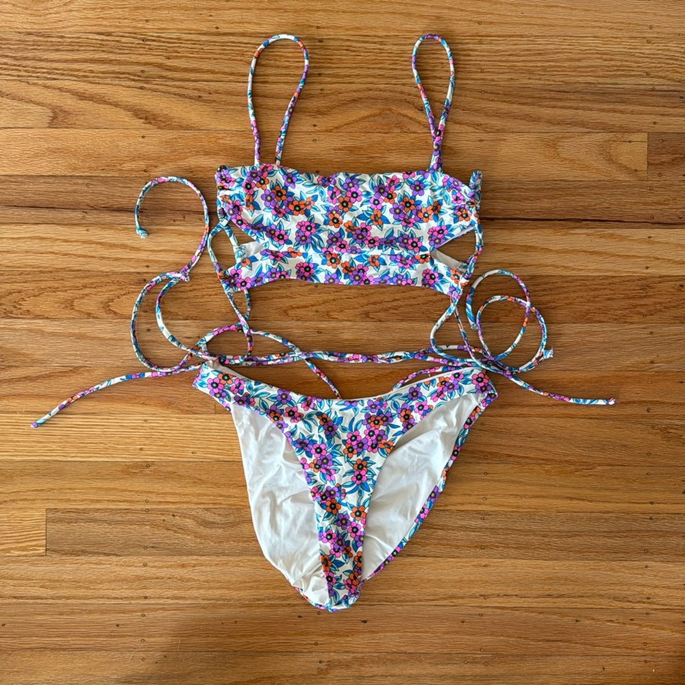 Frankie’s Bikinis - Floral London Bandeau Top and Ruched Bikini Bottom